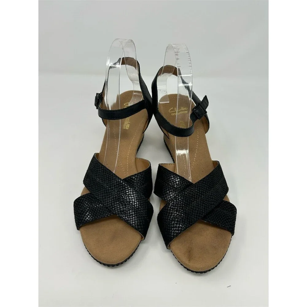 Clarks Womens Cork Wedge Sandals Black Crisscross Strappy Ankle Buckle Size 11